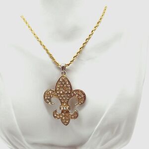 Pave Crystal Fleur de lis Gold-tone & Silver-tone Pendant Rope Chain Necklace